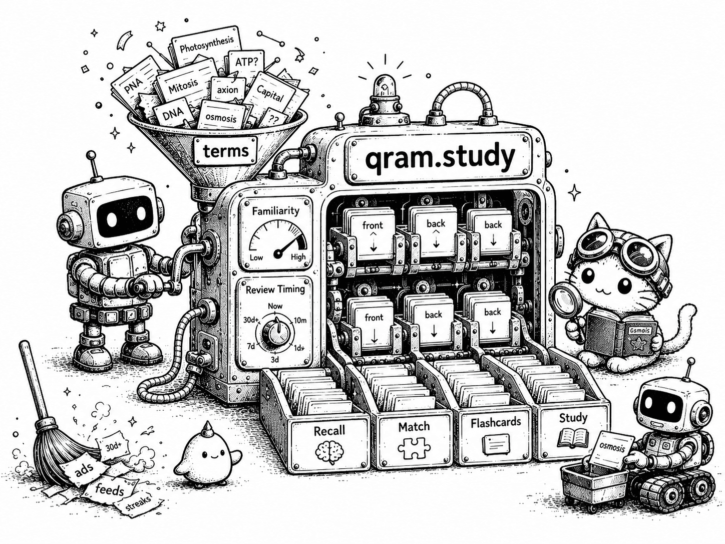 Black-and-white cod3naut illustration of a small study machine sorting messy term cards into Recall, Match, Flashcards, and Study trays.
